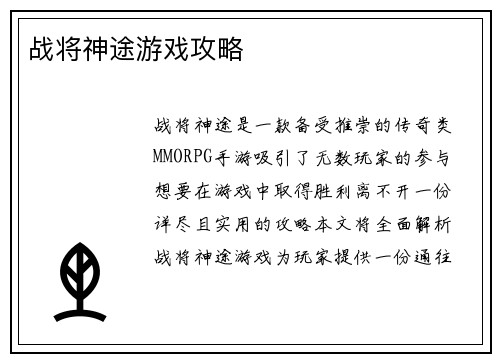 战将神途游戏攻略 战将神途游戏攻略