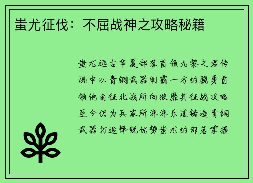 蚩尤征伐:不屈战神之攻略秘籍 蚩尤征伐:不屈战神之攻略秘籍